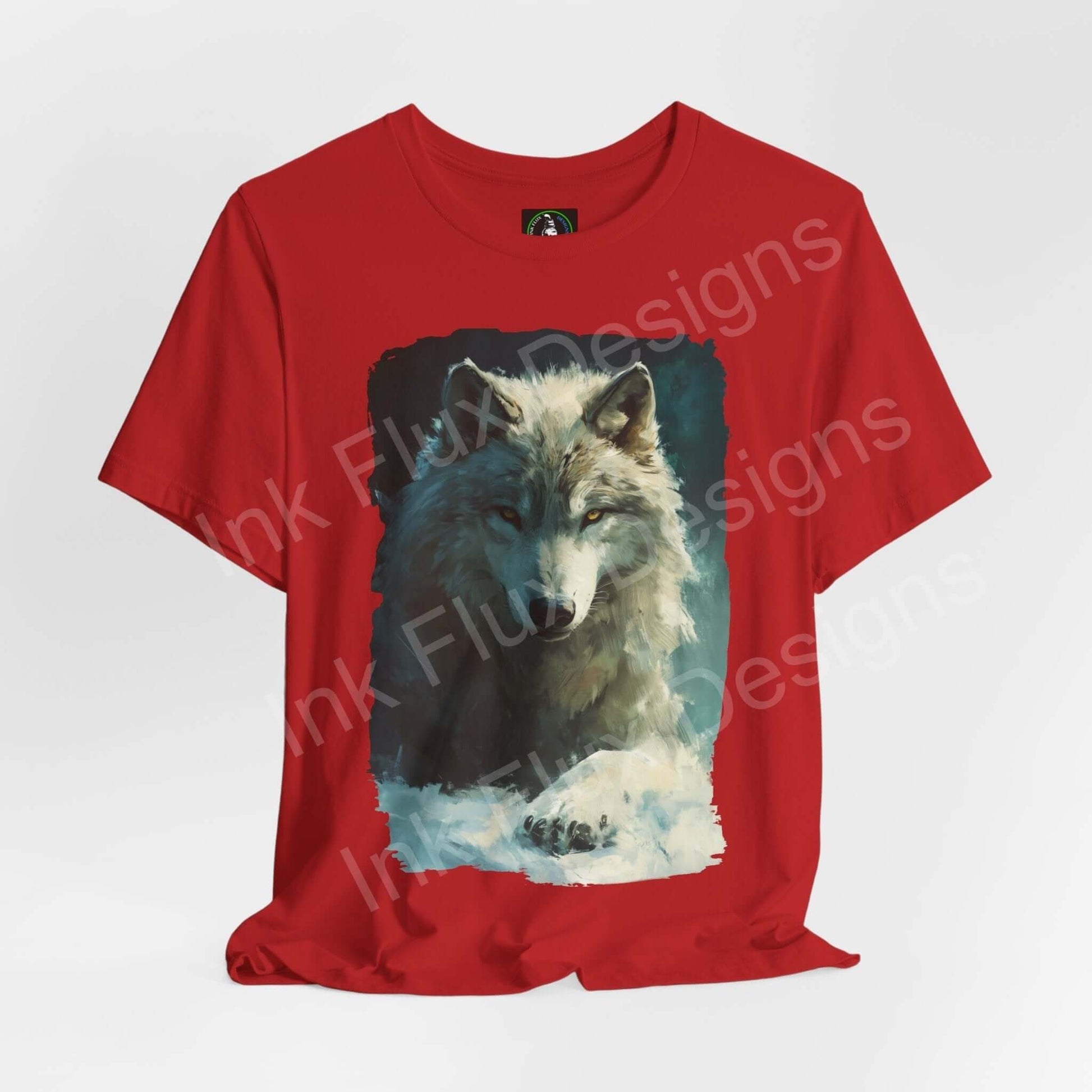 Red unisex T-shirt featuring a graphic of an Arctic wolf, ideal for those who love spirit animal-inspired graphic tees.