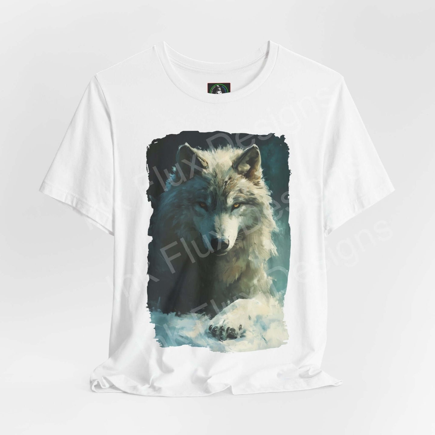 Unisex white graphic tee featuring a majestic Arctic Wolf design, perfect for spirit animal enthusiasts and T-shirt collectors.