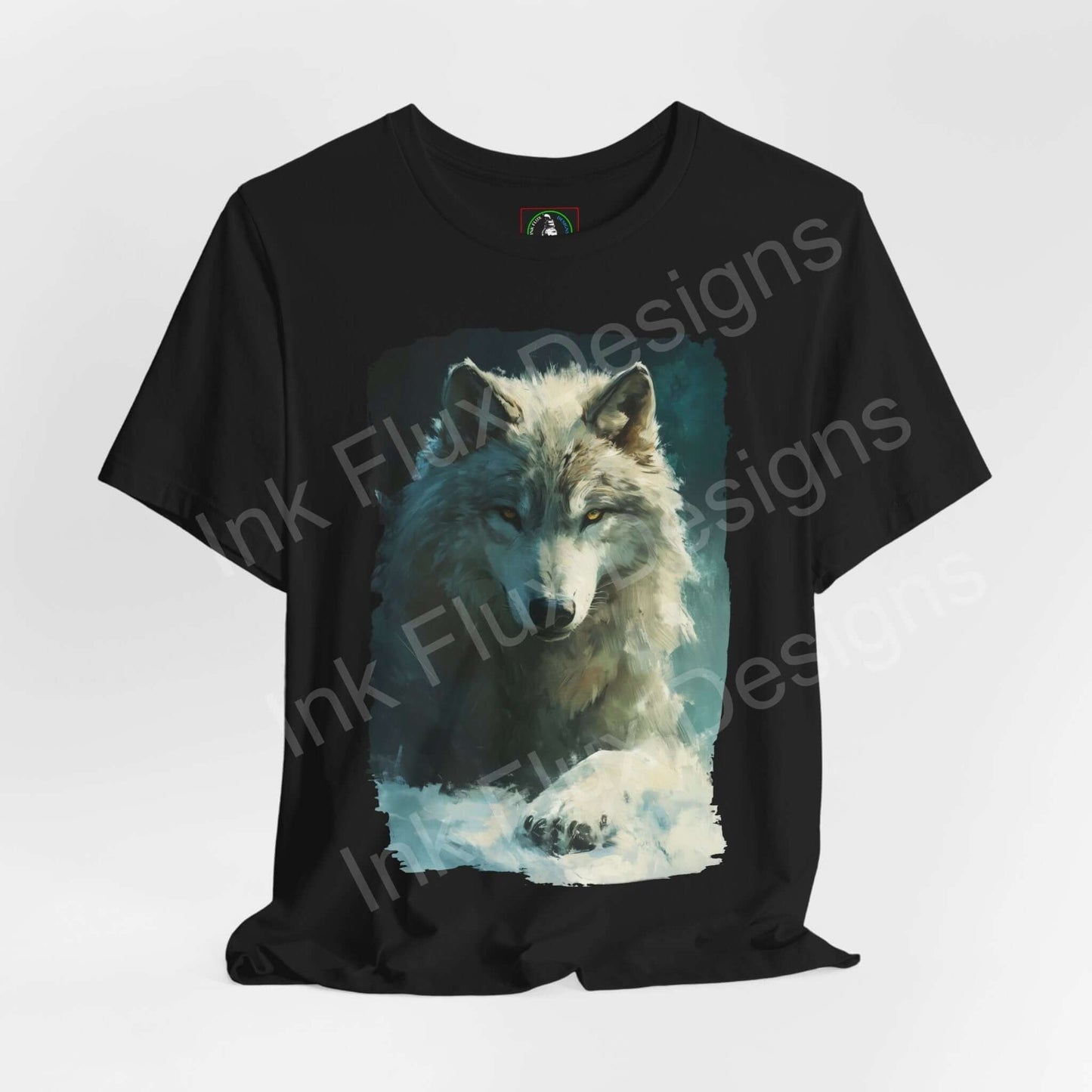Unisex black T-shirt featuring a graphic of an Arctic Wolf, ideal for lovers of spirit animals and ethically made by Bella+Canvas.