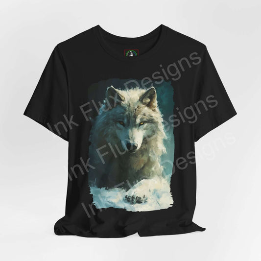 Unisex black T-shirt featuring a graphic of an Arctic Wolf, ideal for lovers of spirit animals and ethically made by Bella+Canvas.