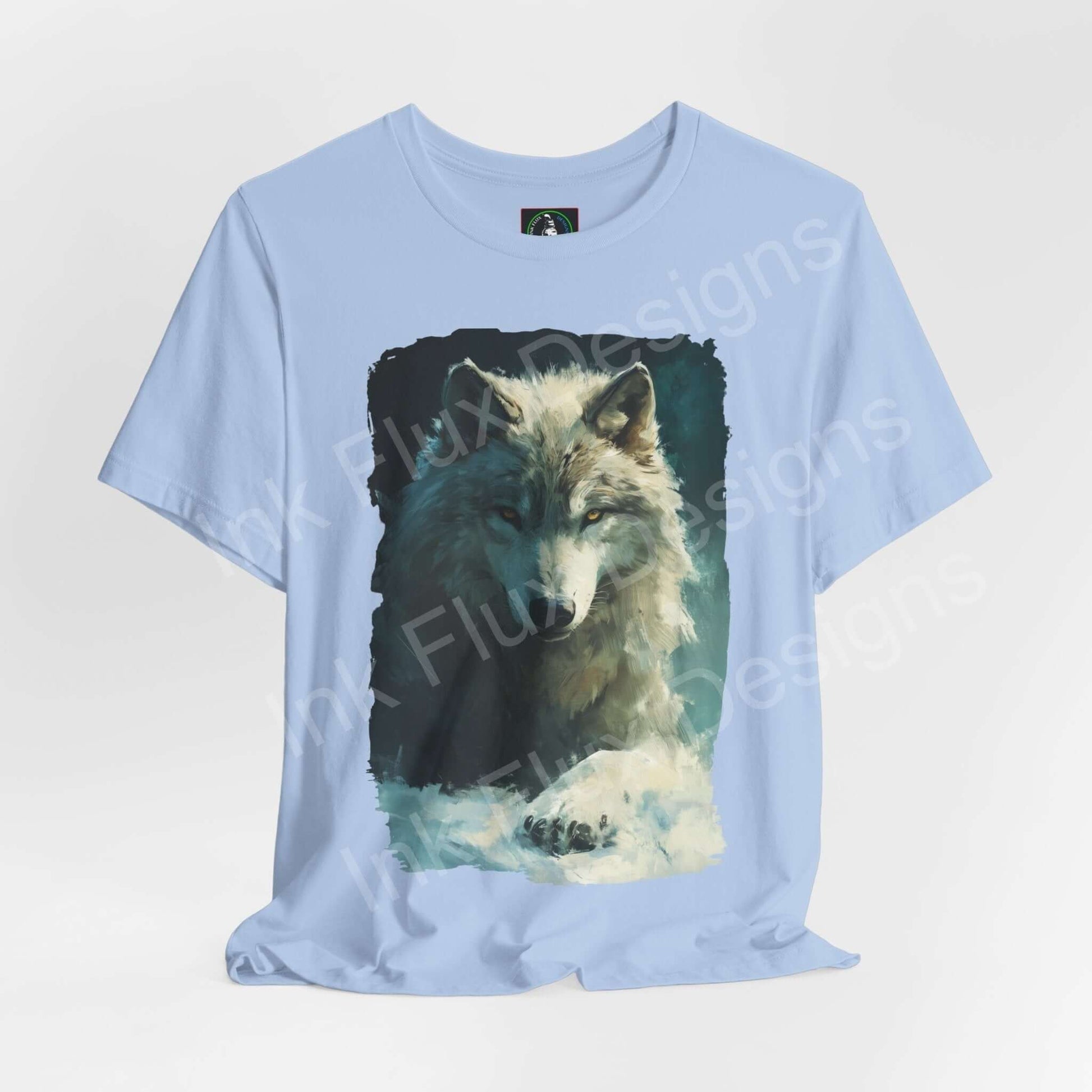 Light blue unisex T-shirt featuring a graphic design of an Arctic Wolf, emphasizing style and comfort with a focus on sustainability.