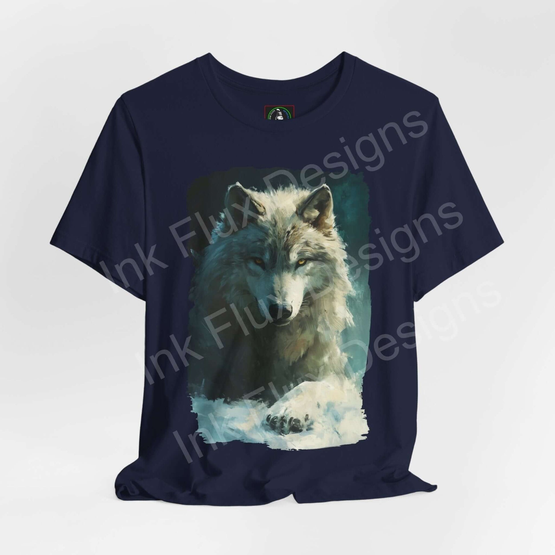 Unisex navy blue T-shirt featuring a graphic of an Arctic Wolf, ideal for lovers of spirit animals and ethically made by Bella+Canvas.