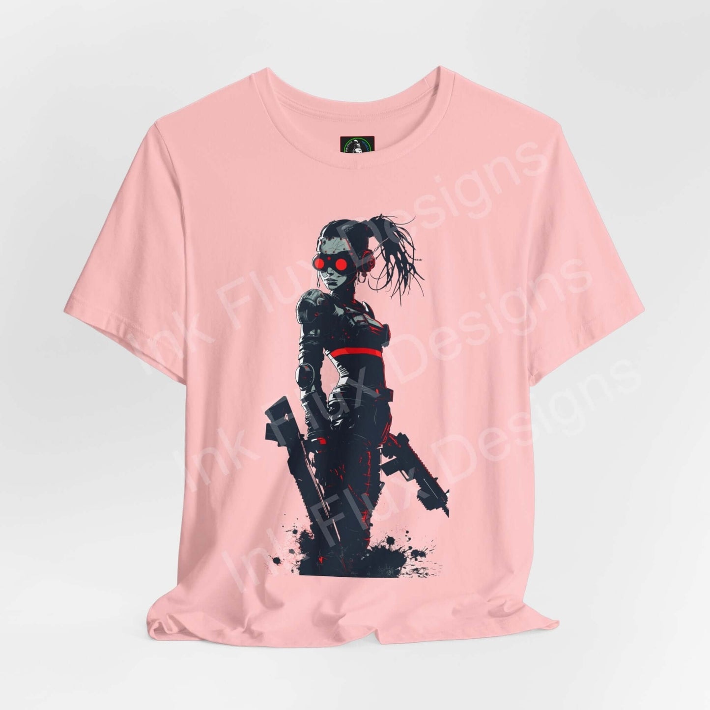 Pink unisex T-shirt with a cyberpunk graphic design, featuring a stylized character in dynamic pose, offered by Bella+Canvas.