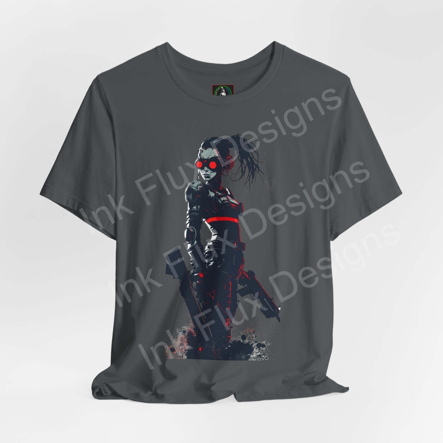 Unisex dark gray T-shirt featuring a cyberpunk graphic design with a futuristic character, crafted by Bella+Canvas, ideal for style and comfort.