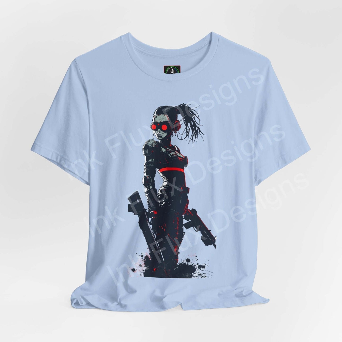 Light blue unisex T-shirt featuring a cyberpunk graphic design with a futuristic character in red and black attire.