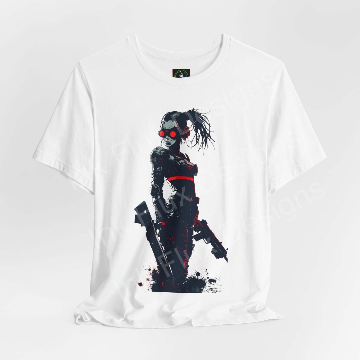 Unisex white cyberpunk graphic tee featuring a stylized red and black robot design, made from breathable Airlume cotton by Bella+Canvas.