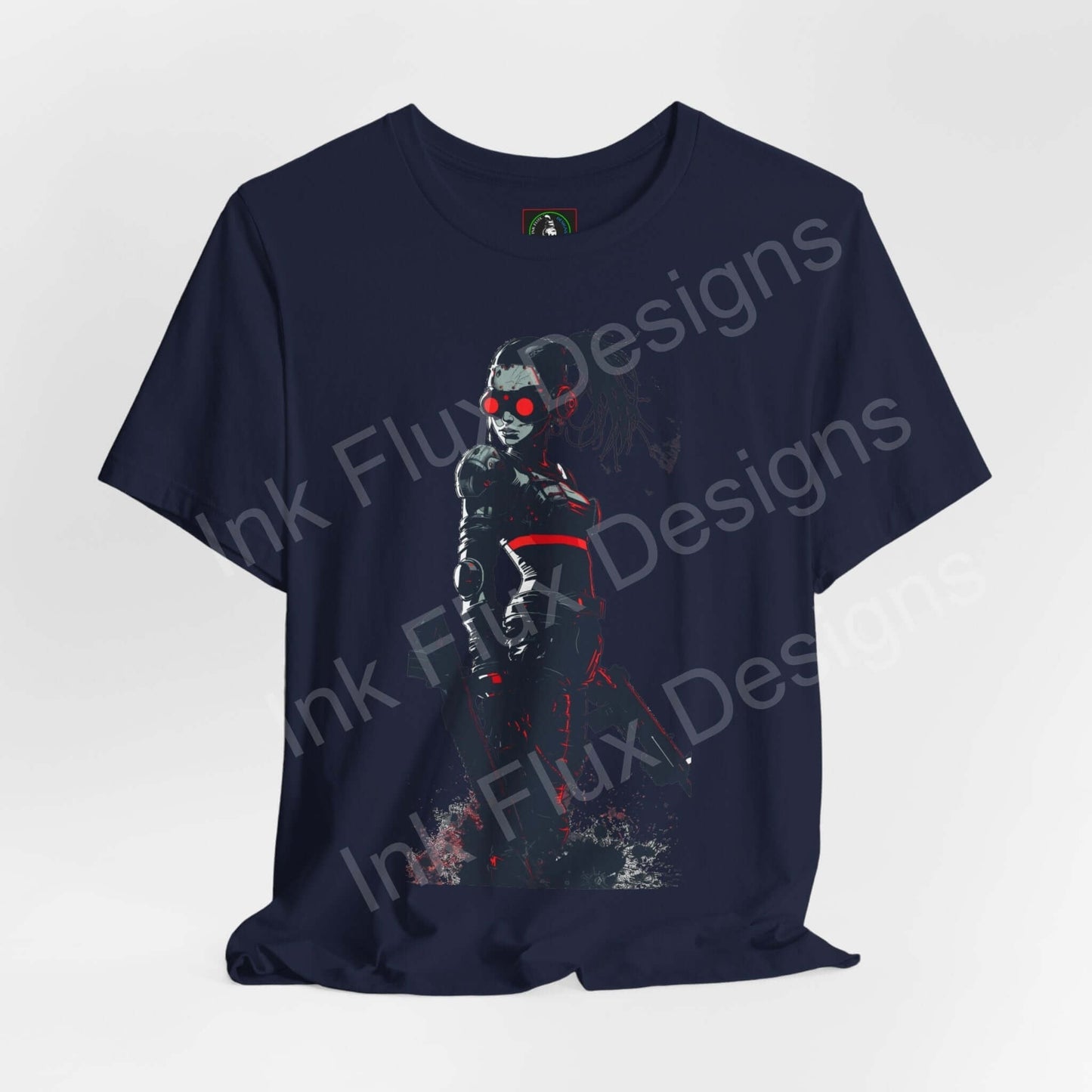Cyberpunk graphic tee featuring a stylized assassin design in red and white on a dark navy T-shirt, by Bella+Canvas for style and comfort.