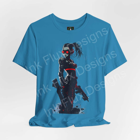 Cyberpunk graphic tee featuring a futuristic assassin design on a blue unisex T-shirt, made with sustainable Airlume cotton.