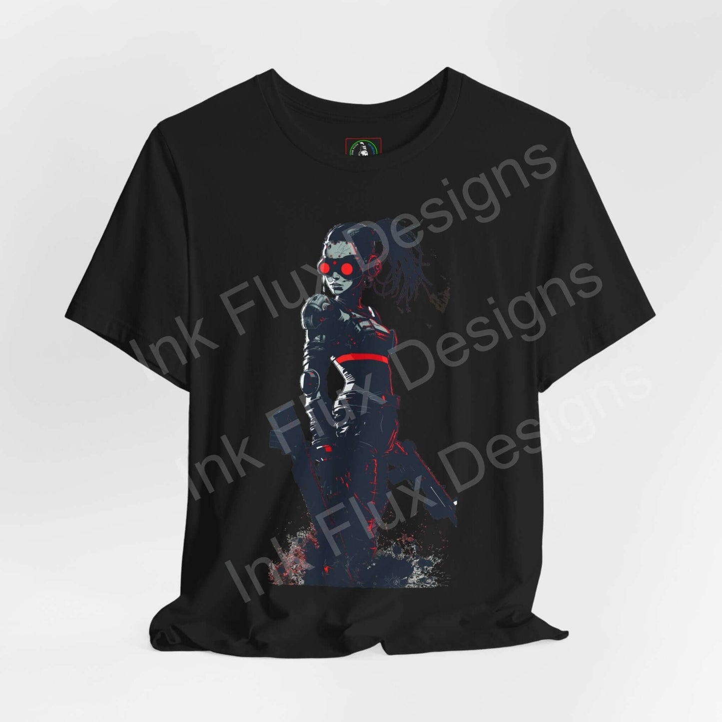 Black unisex graphic tee featuring a cyberpunk-style design with a futuristic character, from Bella+Canvas, highlighting comfort and sustainability.