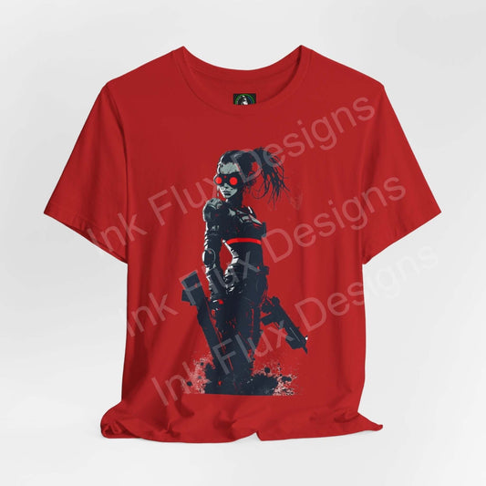 Red unisex cyberpunk graphic tee with a stylized female character design, from the Bella+Canvas sustainable collection.