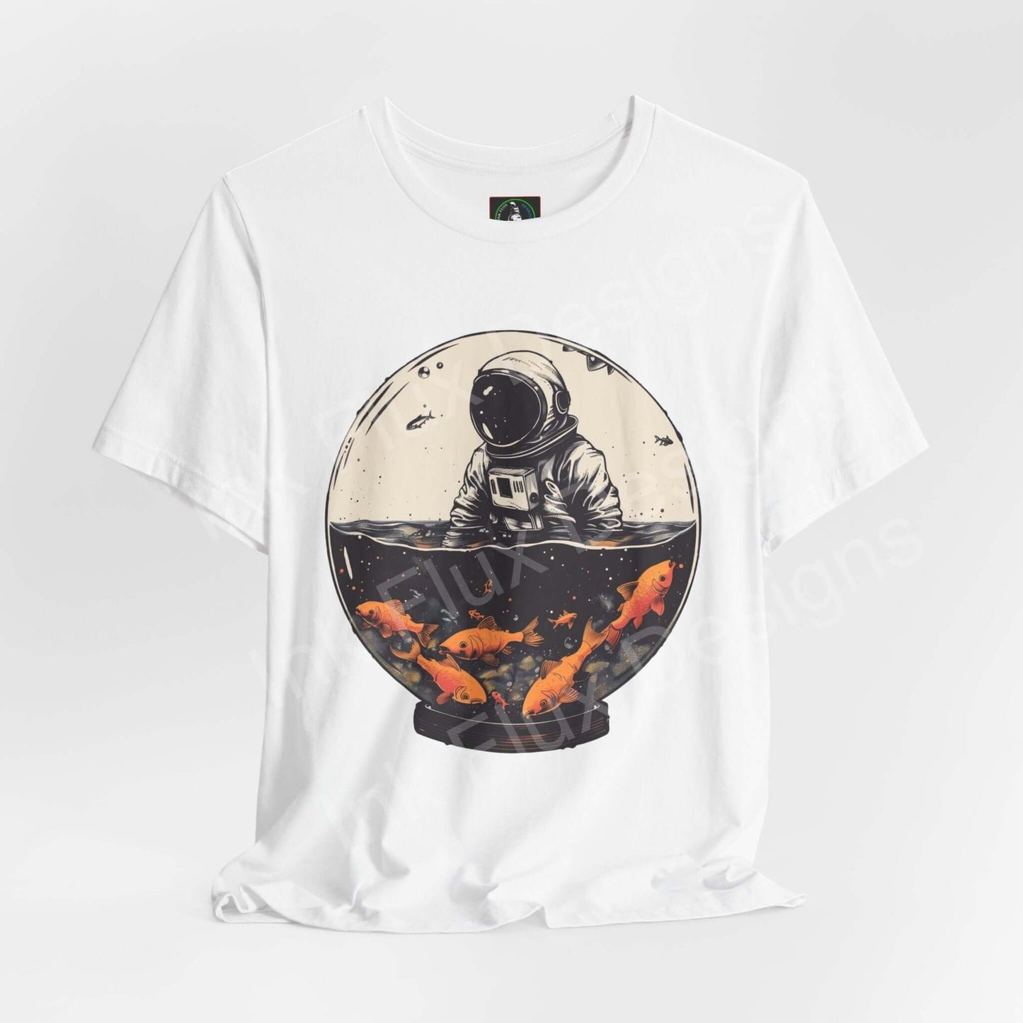 Unisex white T-shirt with a bold graphic of an astronaut in a fishbowl with koi fish, ribbed collar, and tapered shoulders, from Bella+Canvas.