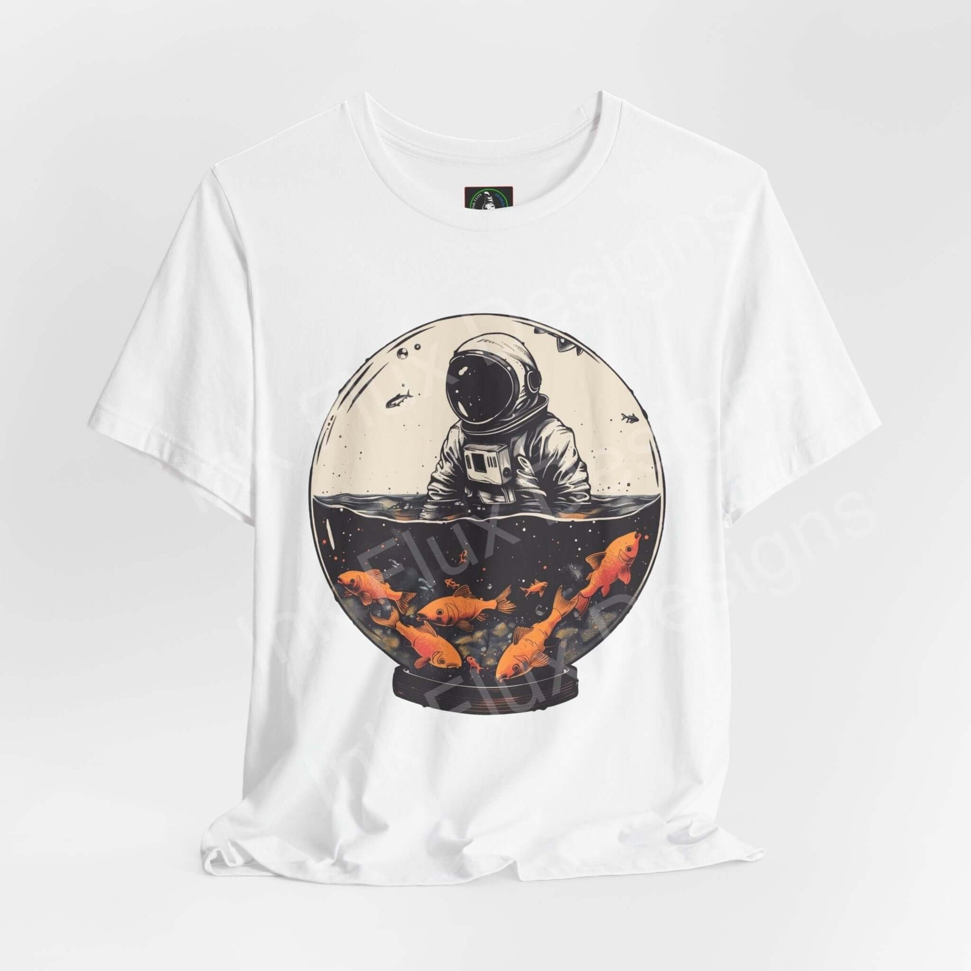 Unisex white T-shirt with a bold graphic of an astronaut in a fishbowl with koi fish, ribbed collar, and tapered shoulders, from Bella+Canvas.