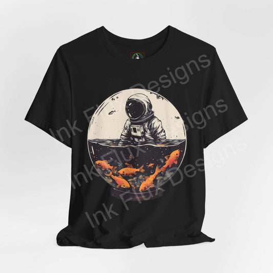 Black T-shirt featuring bold graphic of an astronaut in a fish globe, with vibrant orange koi fish, ideal for fans of unique graphic tees.