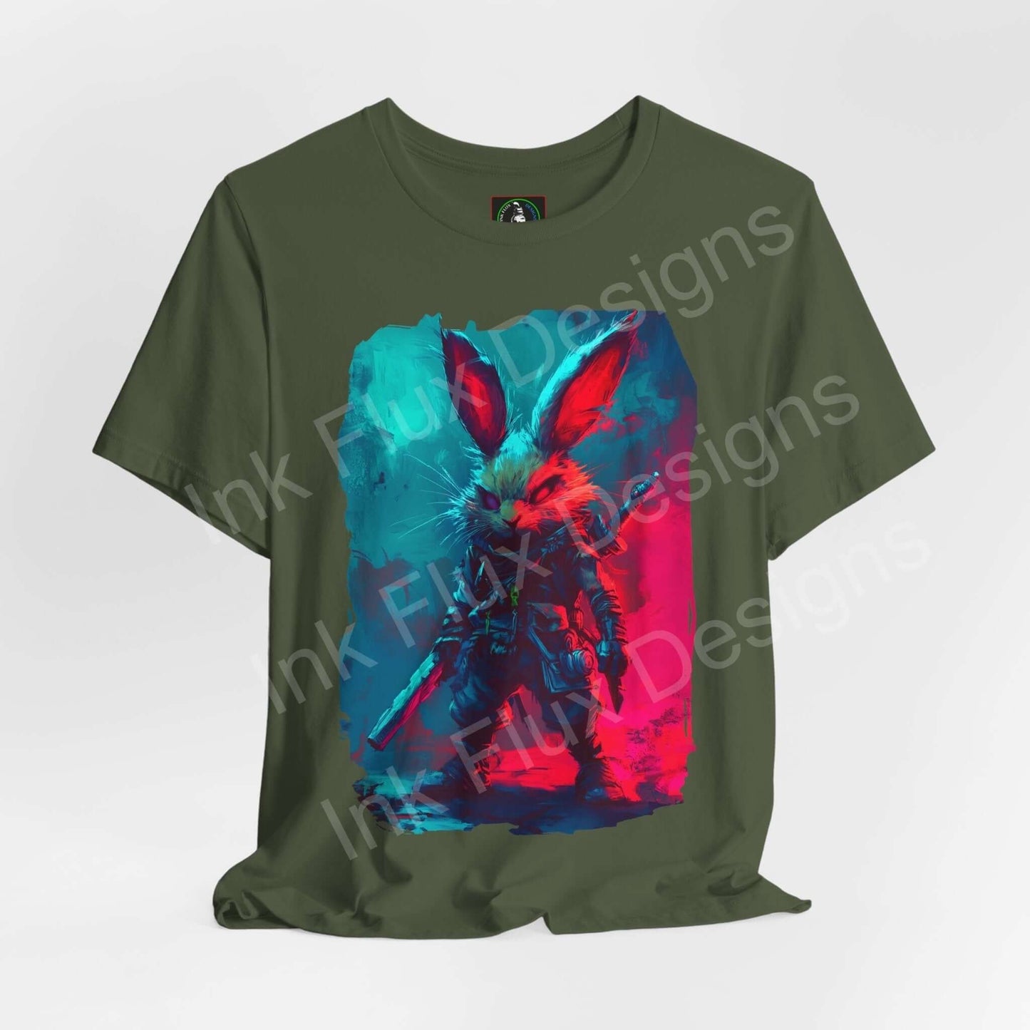 Olive green unisex T-shirt featuring a vibrant Barbarian Rabbit graphic in blue and red tones, part of our ethically-made Graphic Tees collection.
