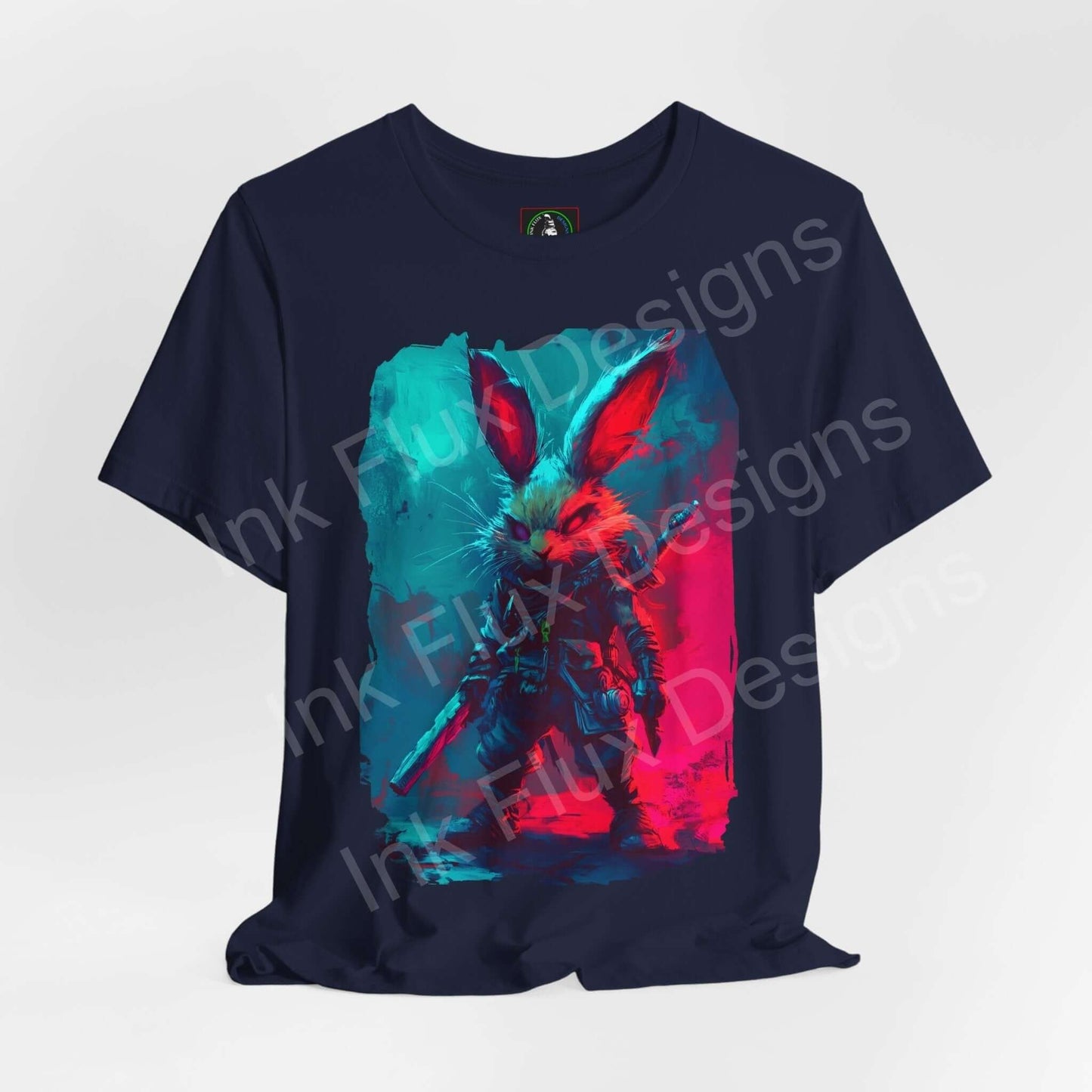 Unisex navy blue graphic tee featuring a vibrant Barbarian Rabbit design in red and blue tones, perfect as a spirit animal themed shirt.