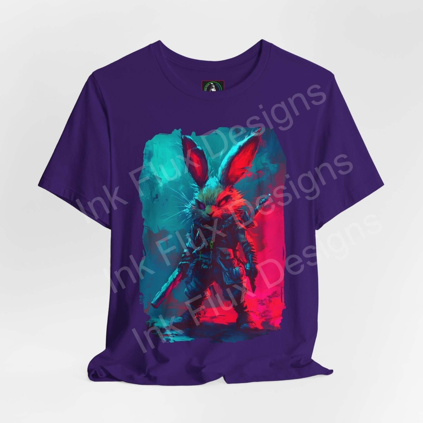 Vibrant purple unisex T-shirt featuring a bold graphic of a barbarian rabbit in dynamic red and blue strokes, perfect for fans of spirit animals and graphic tees.