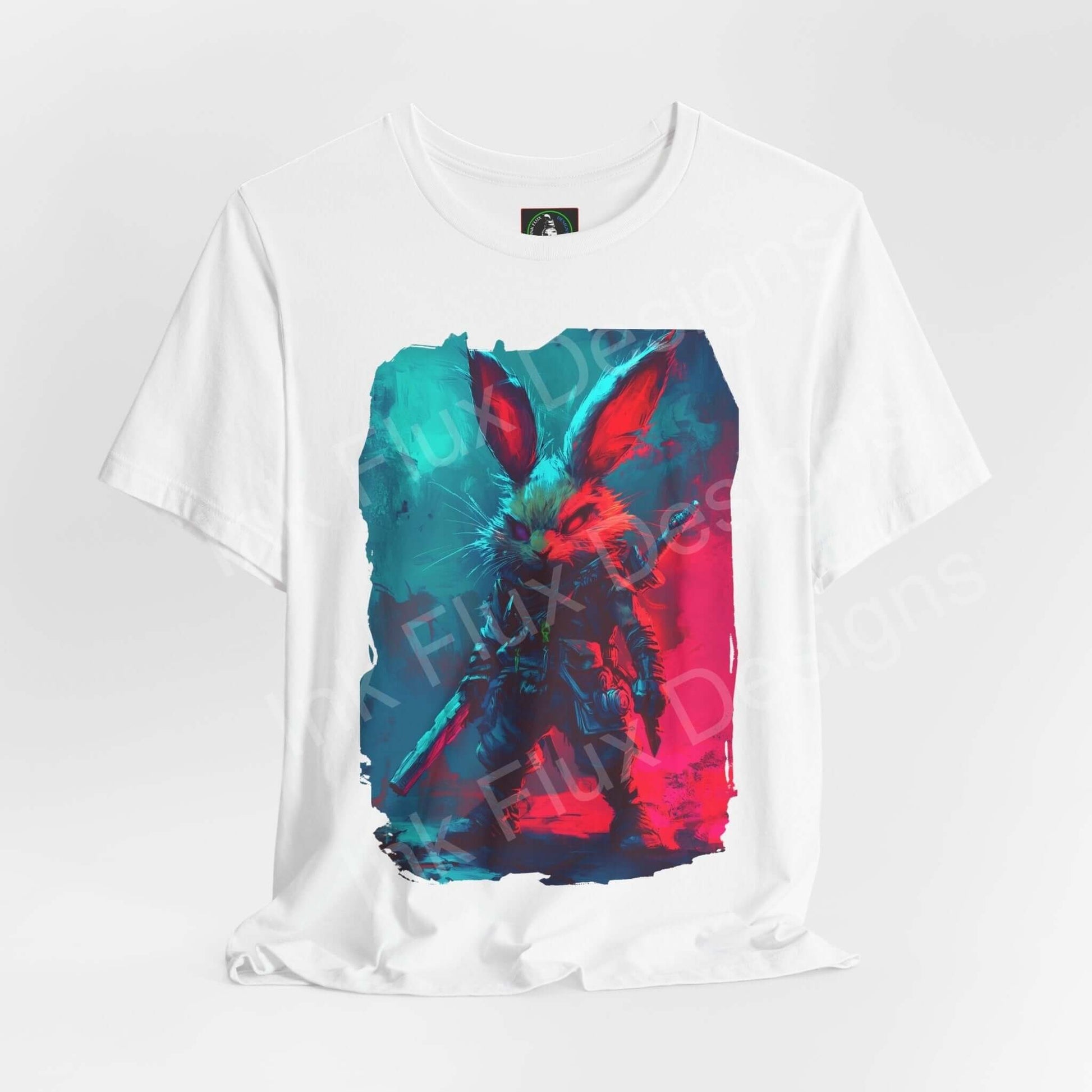 Vibrant Barbarian Rabbit graphic tee featuring a colorful spirit animal design on a unisex white T-shirt, perfect for stylish casual wear.