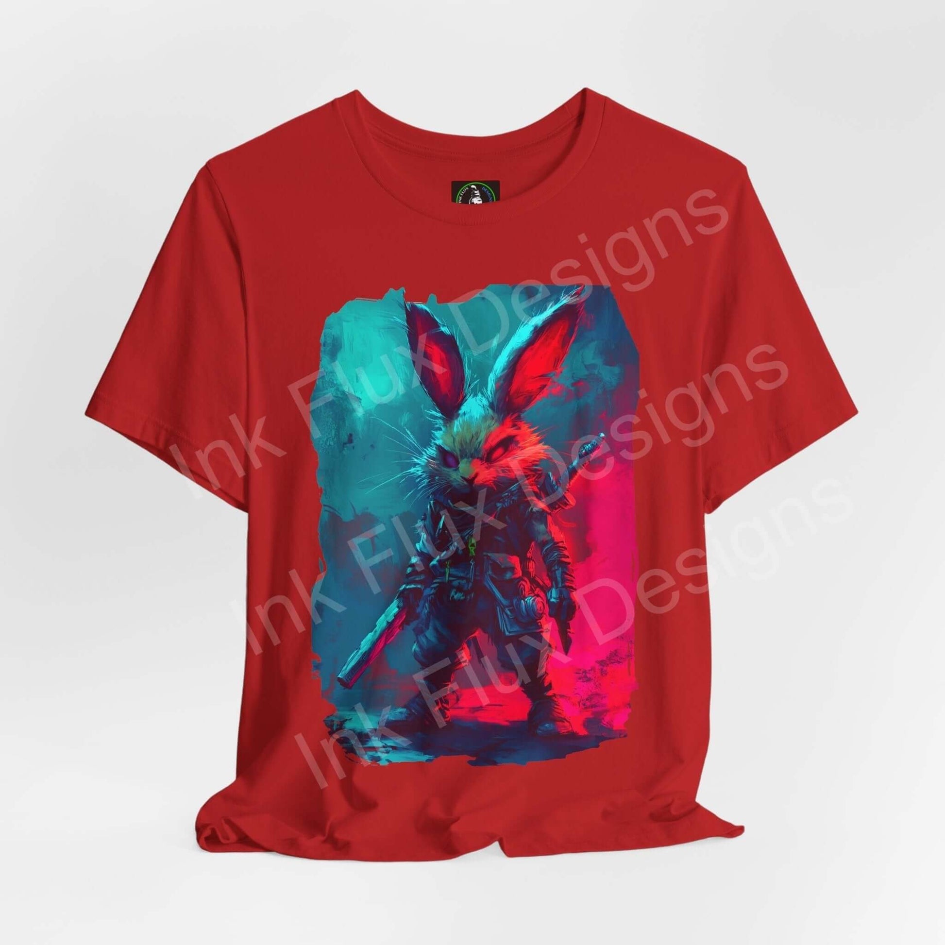 Red unisex T-shirt with vibrant Barbarian Rabbit graphic design, featuring bold colors and artistic animal imagery, perfect for fans of spirit animals and graphic tees.