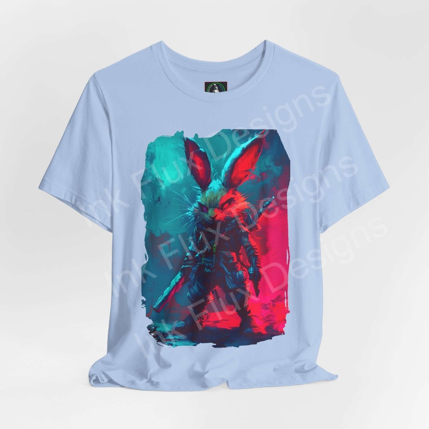 Light blue unisex jersey T-shirt featuring a vibrant graphic of a Barbarian Rabbit, emphasizing spirit animals and ethically made by Bella+Canvas.