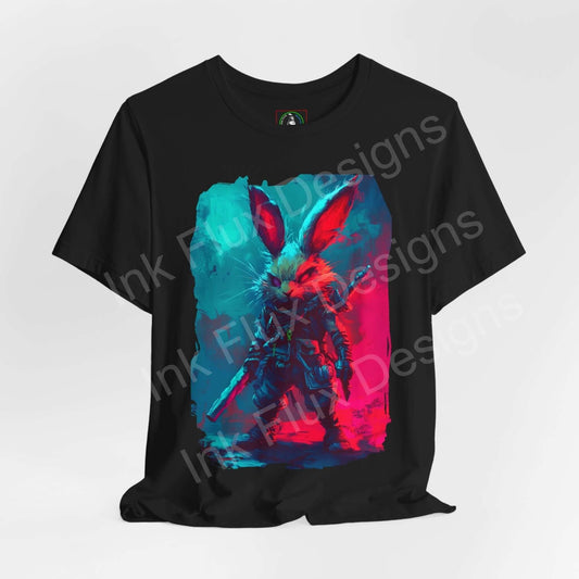 Black unisex T-shirt featuring a vibrant graphic of a barbarian rabbit in bold red and blue, perfect for spirit animal enthusiasts.