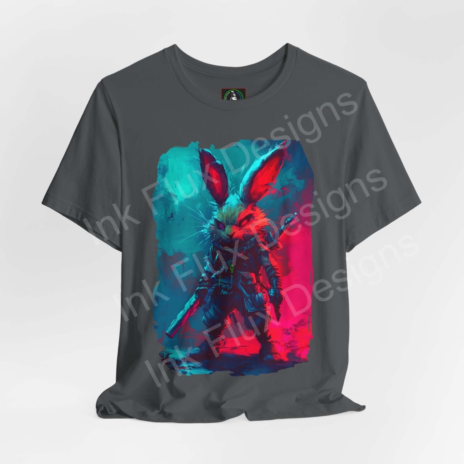 Unisex charcoal gray T-shirt featuring a vibrant Barbarian Rabbit graphic in red and blue, perfect for fans of spirit animal and graphic tees.
