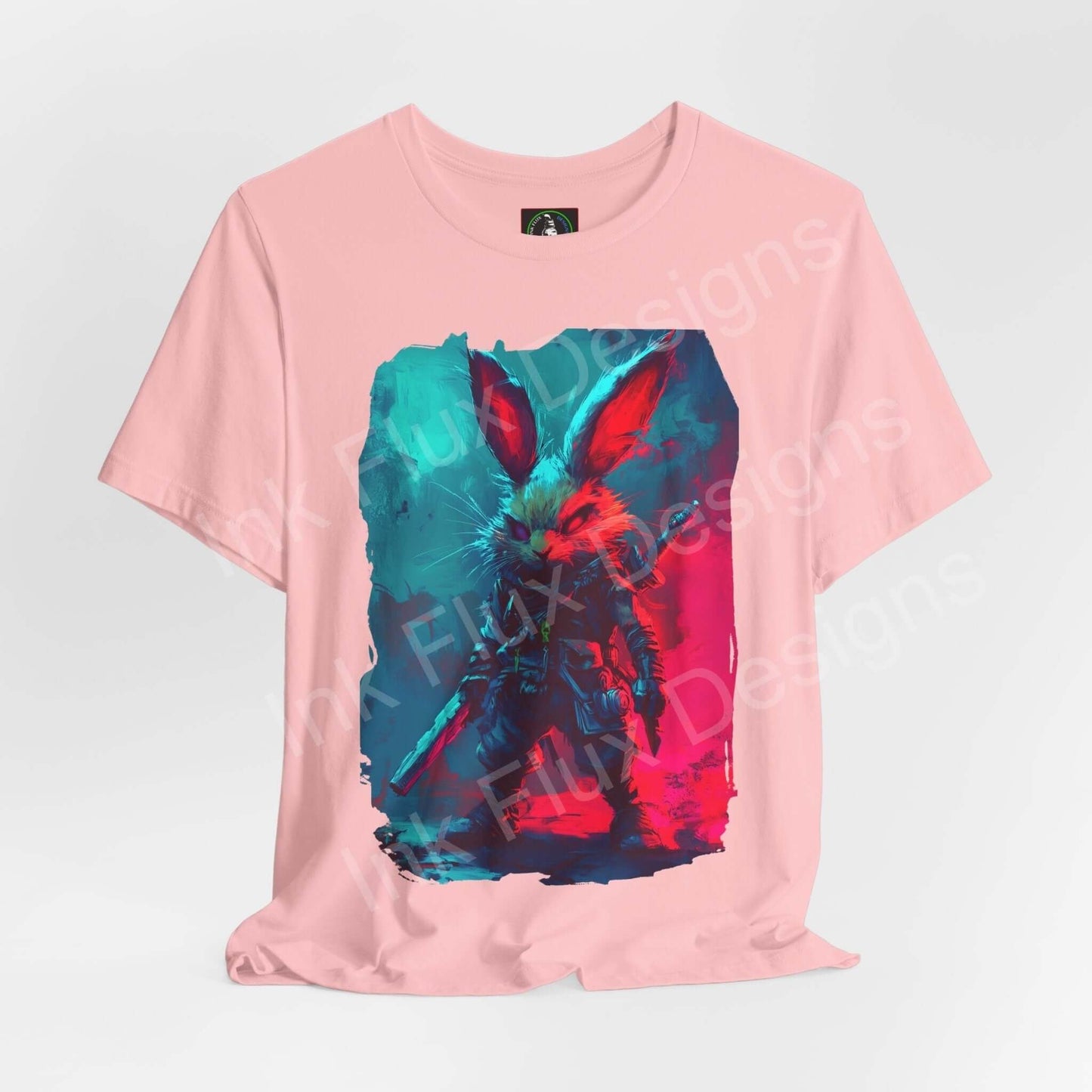 Pink unisex T-shirt featuring a vibrant Barbarian Rabbit graphic print from Bella+Canvas, focused on style, comfort, and sustainability.