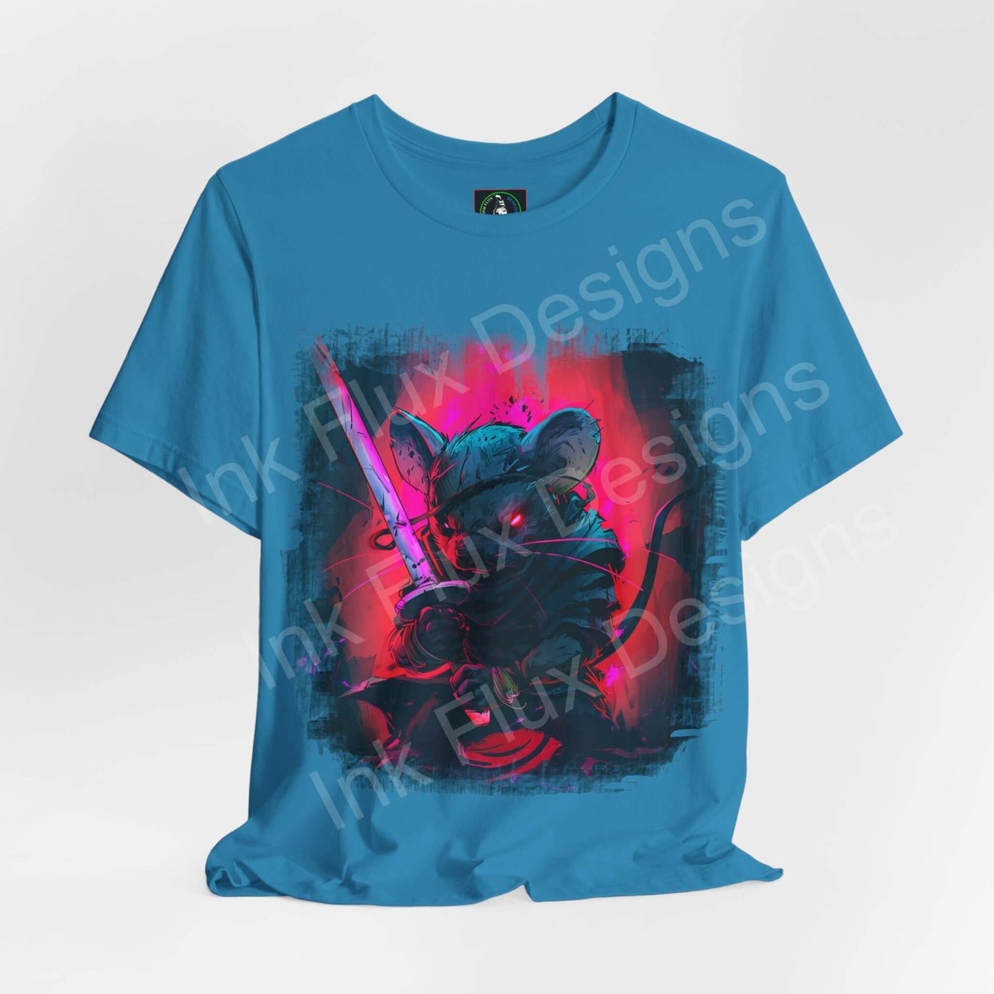 Blue unisex T-shirt featuring a vibrant Barbarous Mouse graphic in bold colors, ideal for fans of spirit animal-inspired graphic tees.