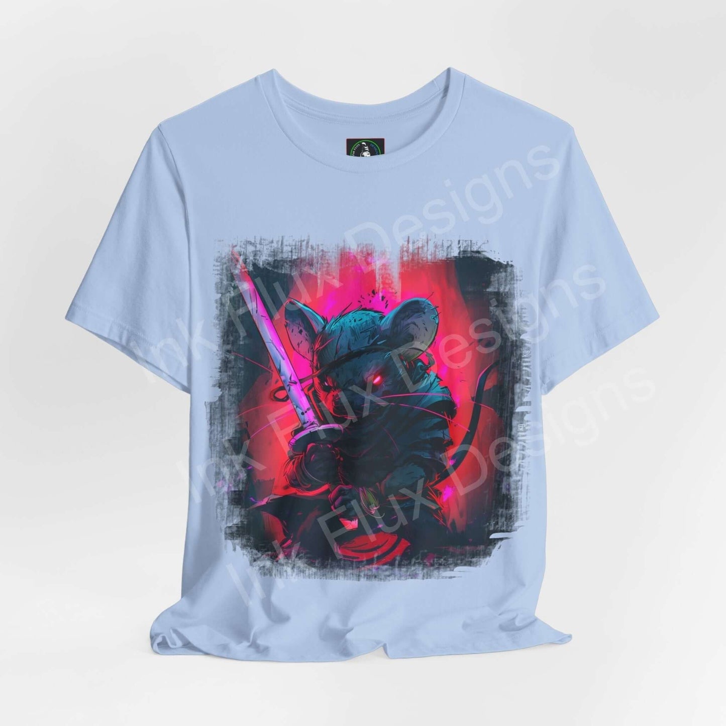 Light blue unisex T-shirt featuring a vibrant graphic of a mouse warrior in pink and black, from the Barbarous Mouse collection.