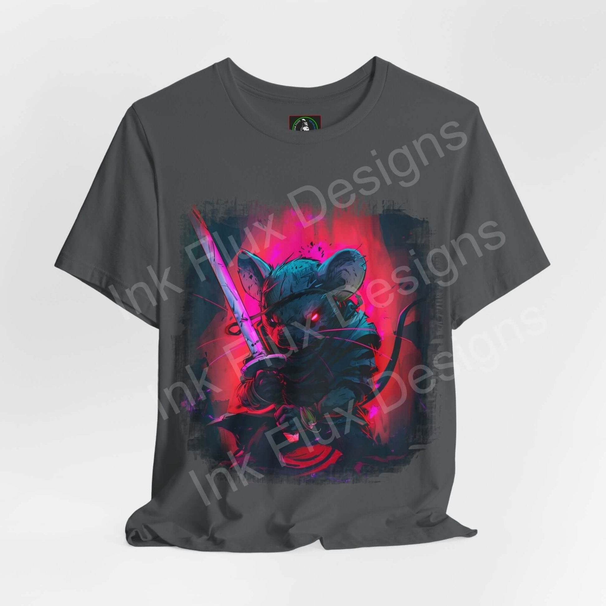 Charcoal T-shirt featuring a vibrant graphic of a mouse with neon pink and blue highlights, part of the "Barbarous Mouse" Graphic Tees collection.