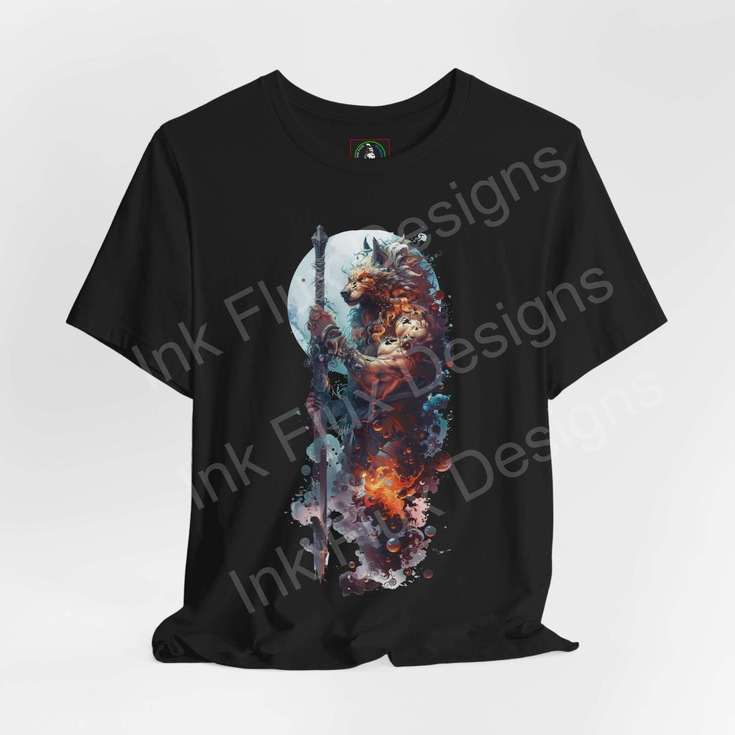 Unisex black T-shirt featuring a vivid graphic of a wolf with dynamic, colorful splashes, styled for comfort and sustainability.