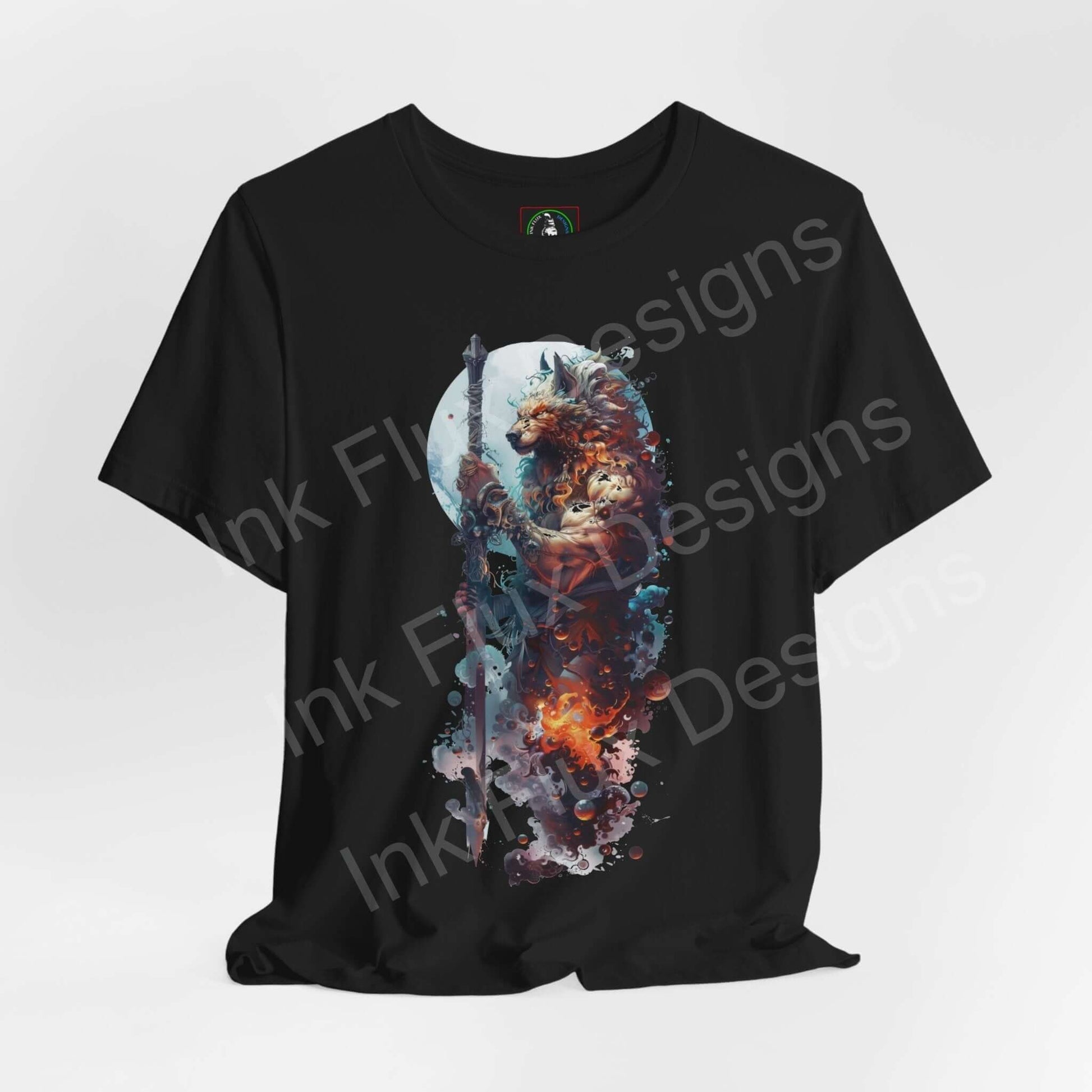 Unisex black T-shirt featuring a vivid graphic of a wolf with dynamic, colorful splashes, styled for comfort and sustainability.