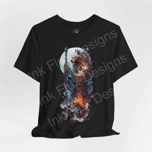 Unisex black T-shirt featuring a vivid graphic of a wolf with dynamic, colorful splashes, styled for comfort and sustainability.