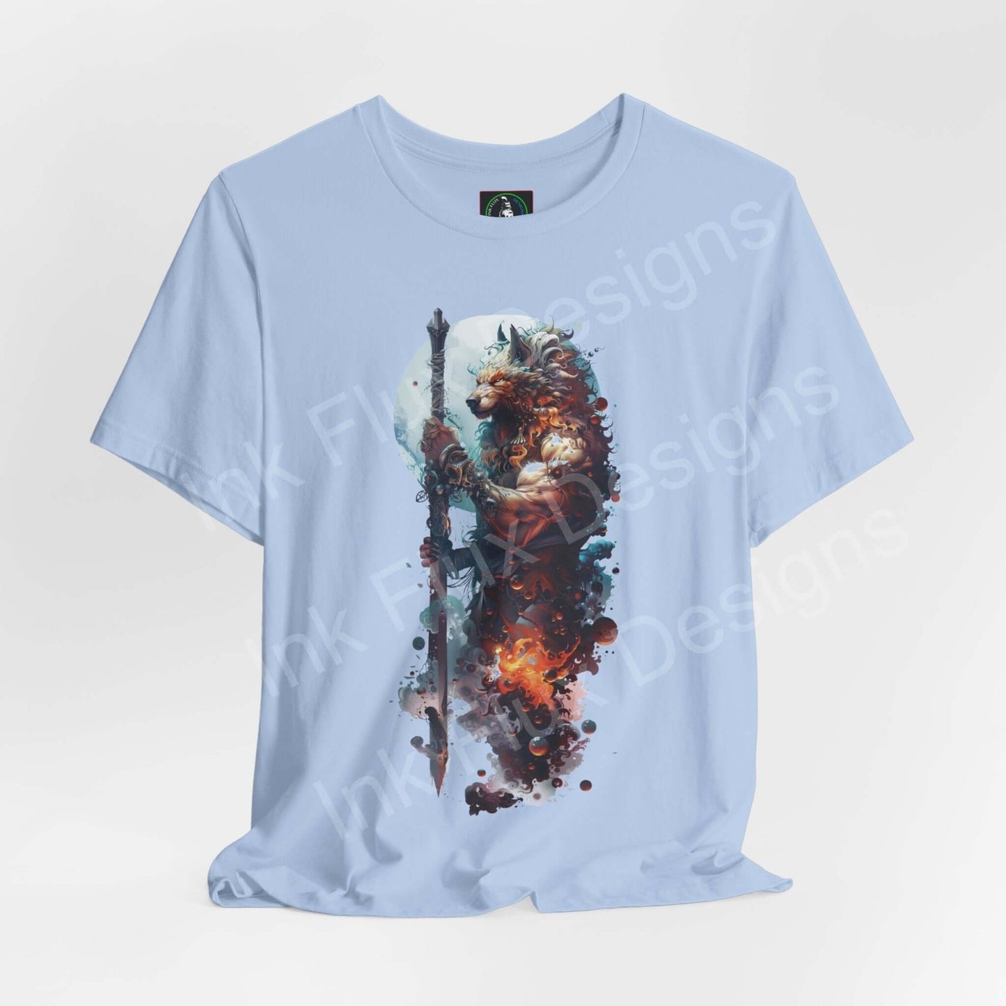 Light blue unisex T-shirt featuring a vibrant graphic of a wolf spirit animal, crafted from Airlume cotton, perfect for style and comfort.