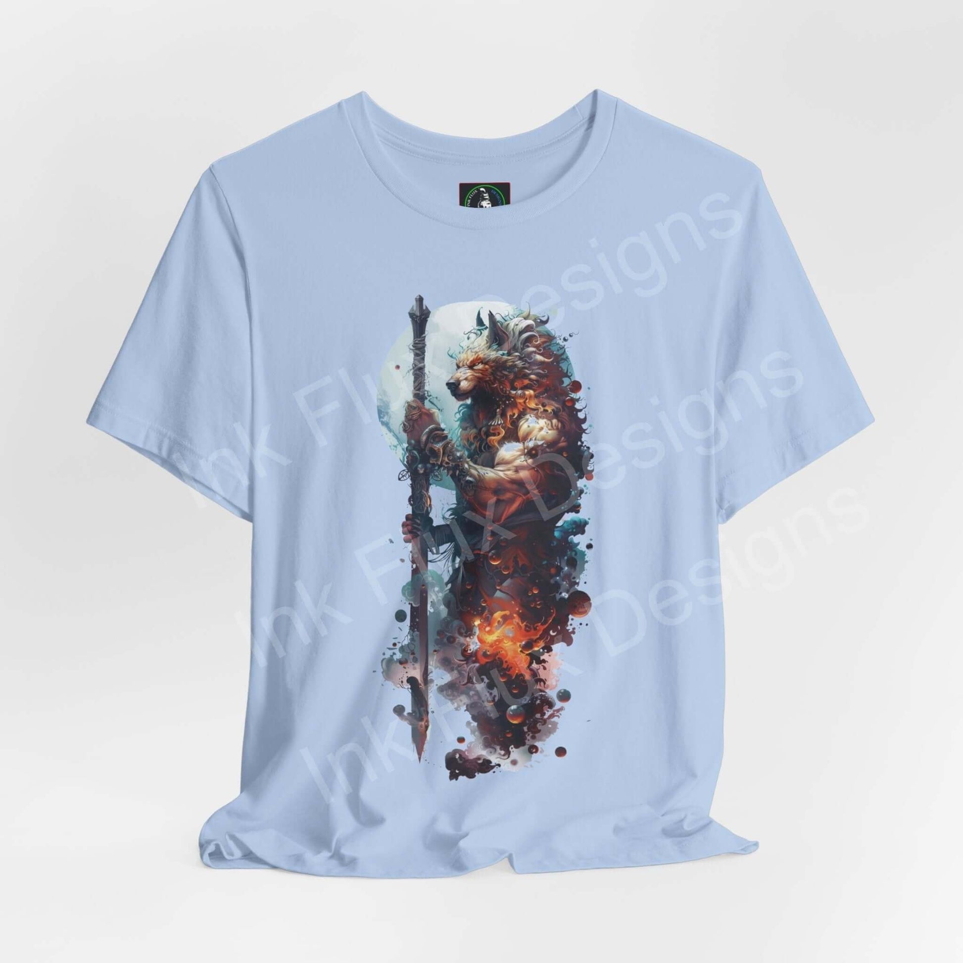 Light blue unisex T-shirt featuring a vibrant graphic of a wolf spirit animal, crafted from Airlume cotton, perfect for style and comfort.