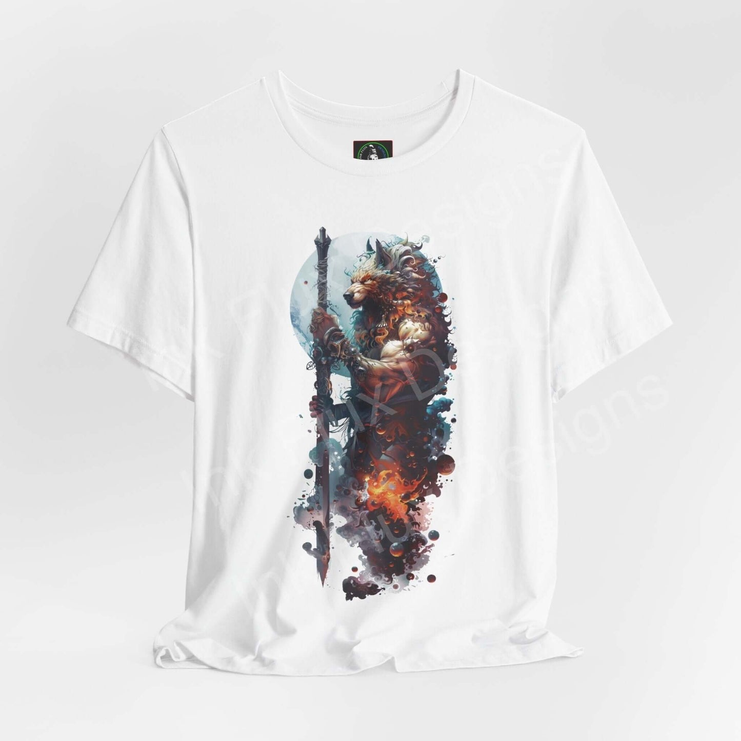 "Barbarous Wolf II graphic tee featuring a dynamic wolf spirit animal design on a white unisex jersey T-shirt"