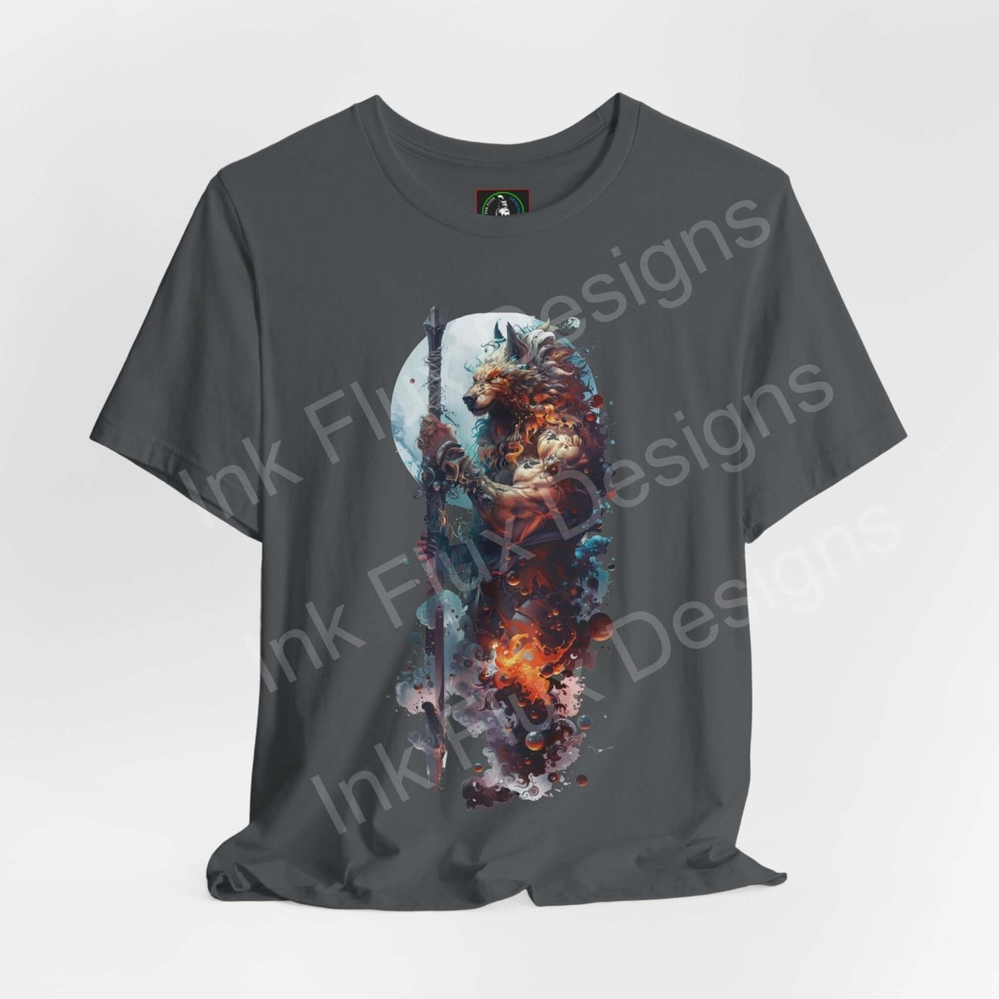 Charcoal gray unisex T-shirt with vibrant Barbarous Wolf II graphic, featuring a wolf in a dynamic, colorful design, perfect for fans of spirit animals and graphic tees.