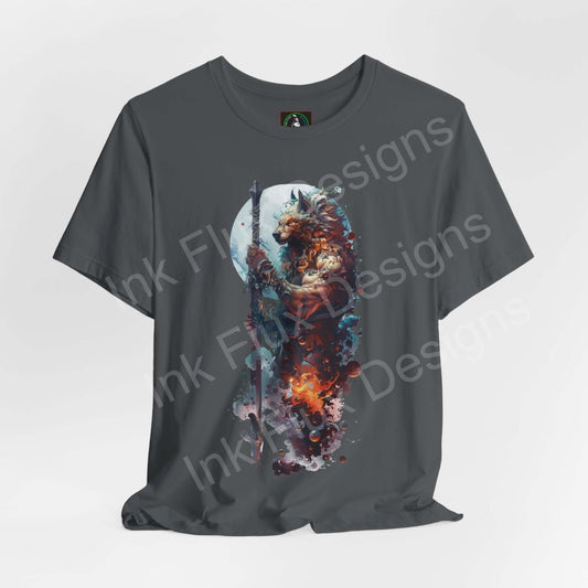 Charcoal gray unisex T-shirt with vibrant Barbarous Wolf II graphic, featuring a wolf in a dynamic, colorful design, perfect for fans of spirit animals and graphic tees.