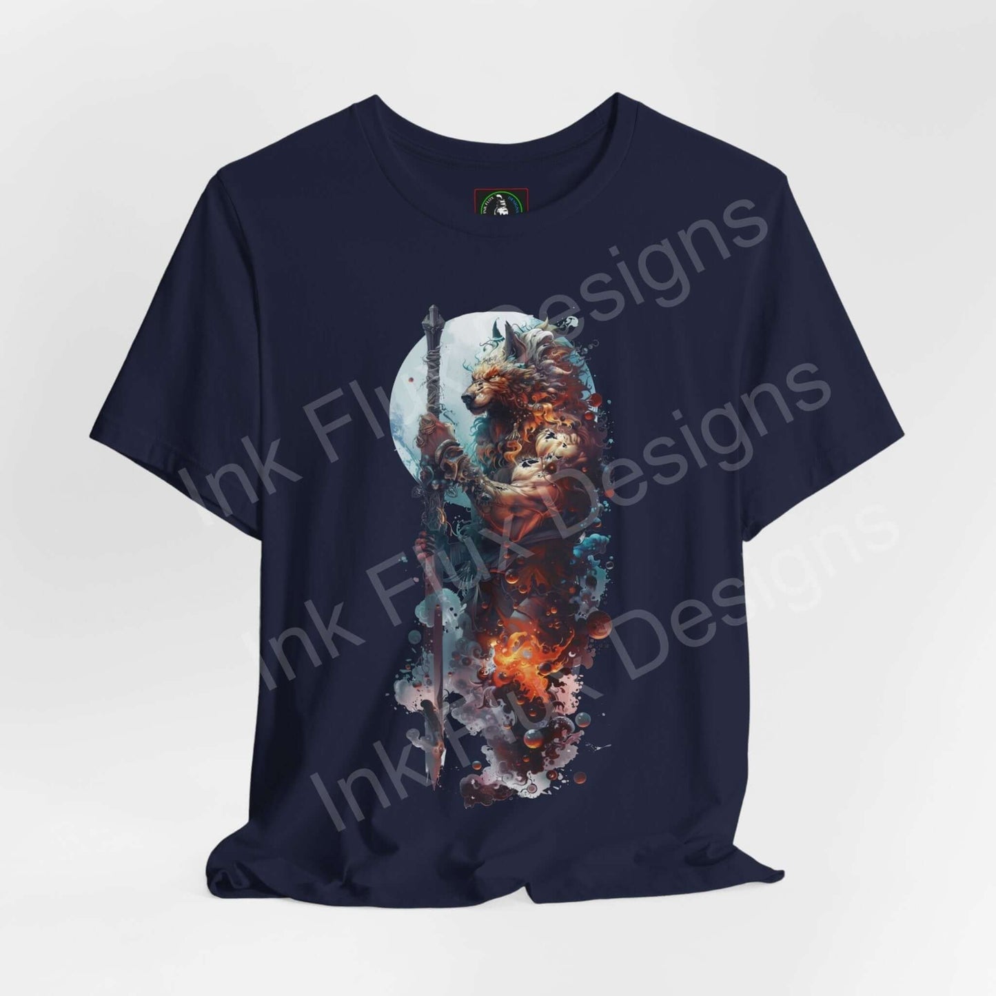 Navy blue unisex tee featuring a vibrant graphic of a spirit wolf, crafted from soft Airlume cotton, perfect for any occasion.