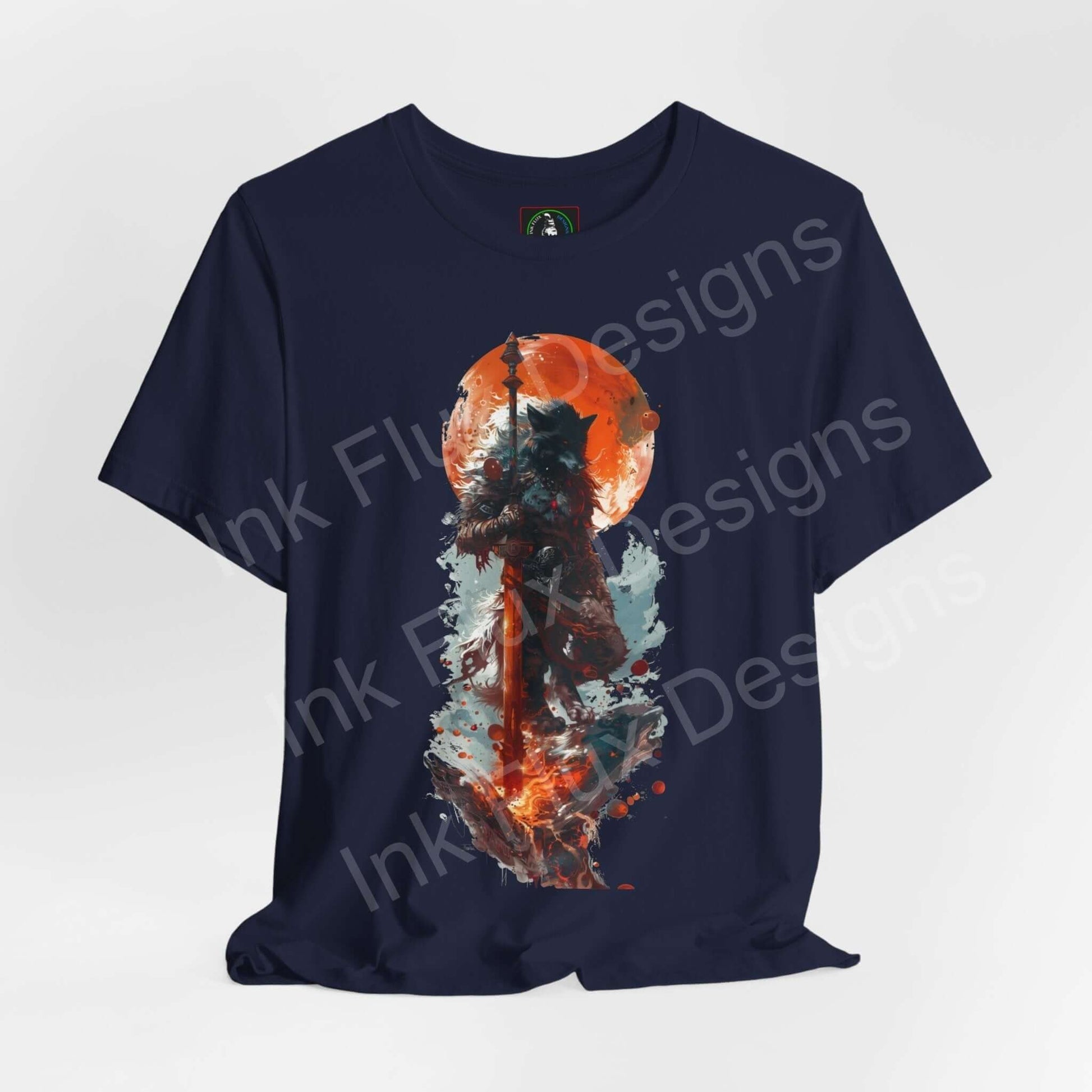 Unisex navy T-shirt with abstract wolf graphic in fiery and earth tones, part of the Barbarous Wolf Collection, ideal for fans of spirit animal-themed apparel.