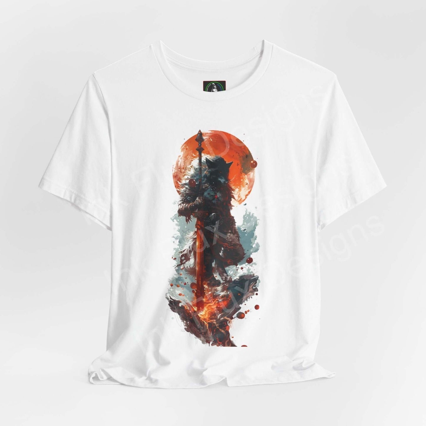 Unisex white graphic tee featuring a bold wolf spirit animal design in vibrant orange and blue tones, perfect for lovers of animals and stylish T-shirts.