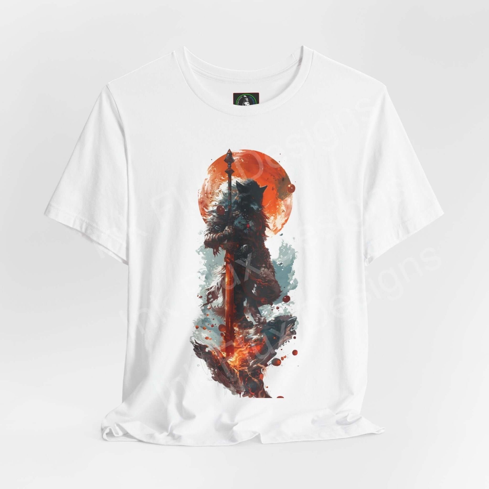 Unisex white graphic tee featuring a bold wolf spirit animal design in vibrant orange and blue tones, perfect for lovers of animals and stylish T-shirts.