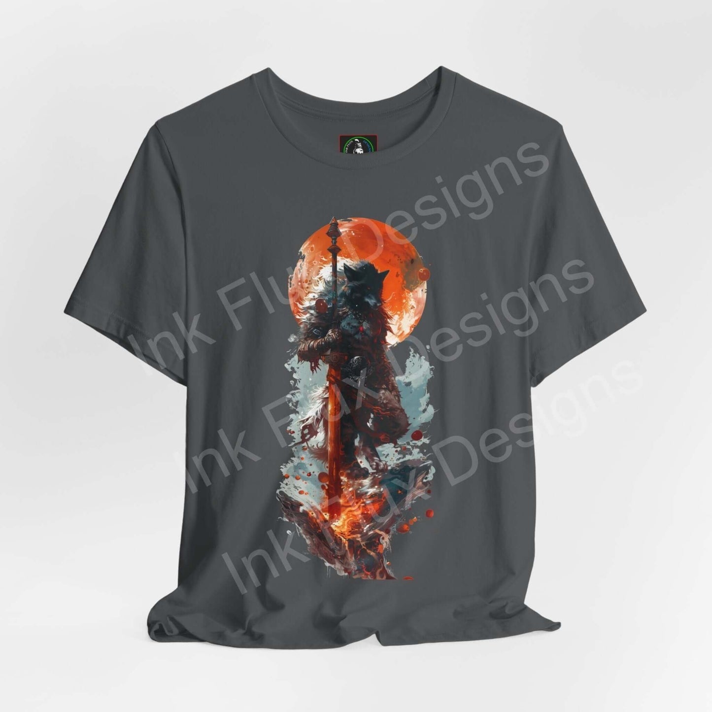 Unisex charcoal gray T-shirt featuring a vibrant graphic of a wolf with abstract, fiery and icy elements, perfect for fans of spirit animals and graphic tees.