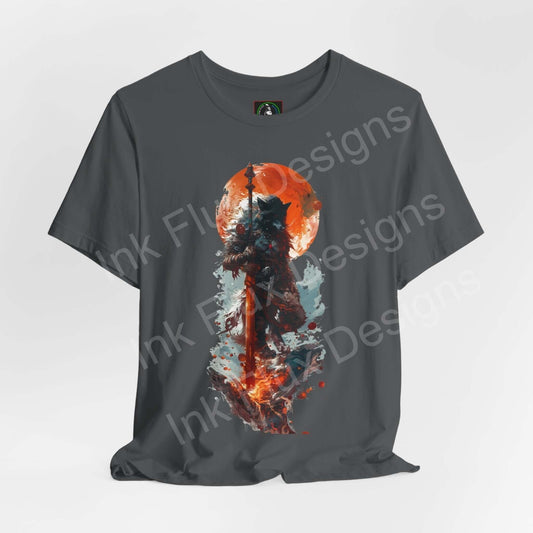 Unisex charcoal gray T-shirt featuring a vibrant graphic of a wolf with abstract, fiery and icy elements, perfect for fans of spirit animals and graphic tees.