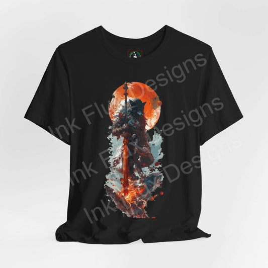 Black unisex T-shirt featuring a vibrant wolf spirit animal graphic in a fiery and ethereal design, ideal for lovers of animals and graphic tees.