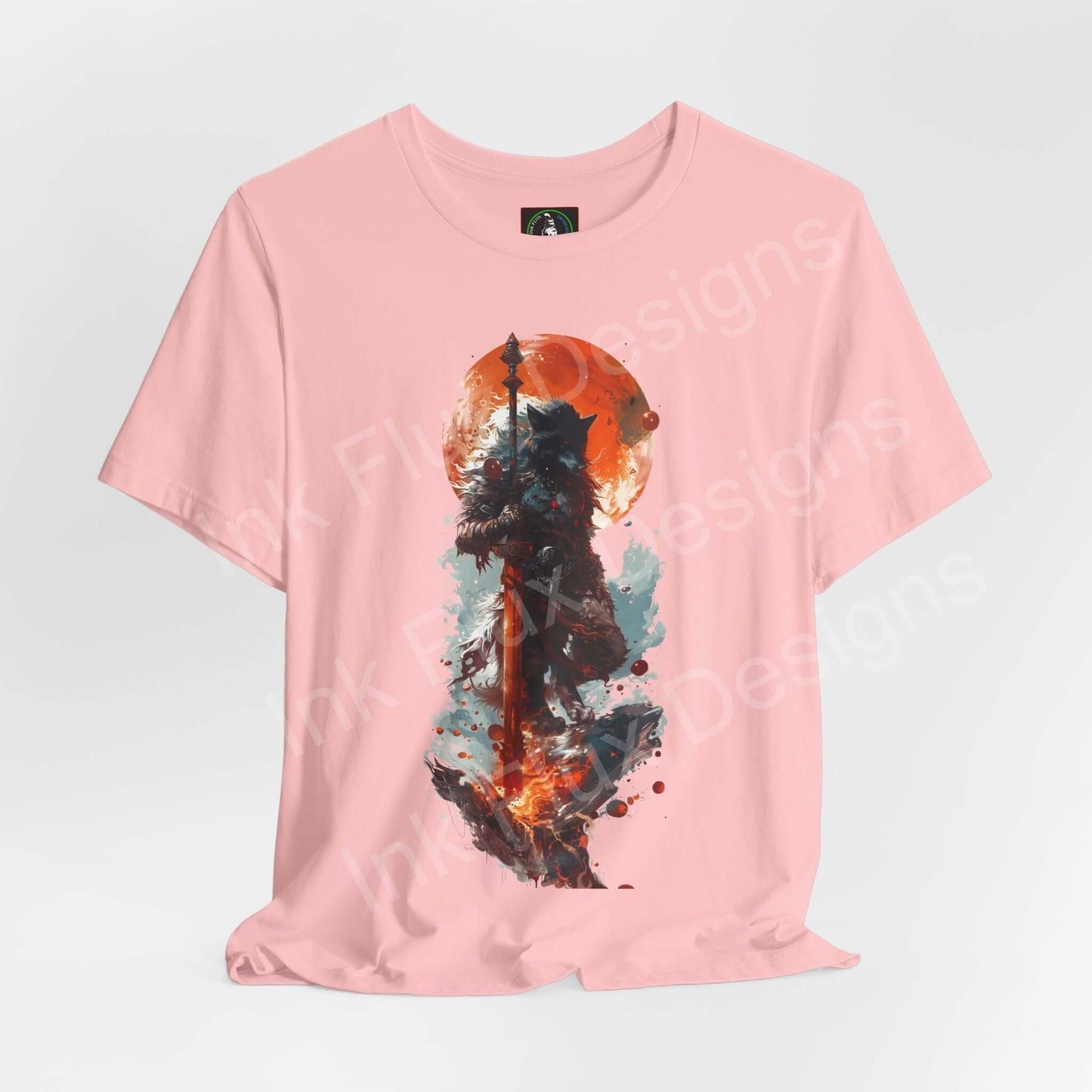 Pink unisex T-shirt featuring a graphic design of a wolf silhouette with artistic splashes, ideal for spirit animal and graphic tee enthusiasts.