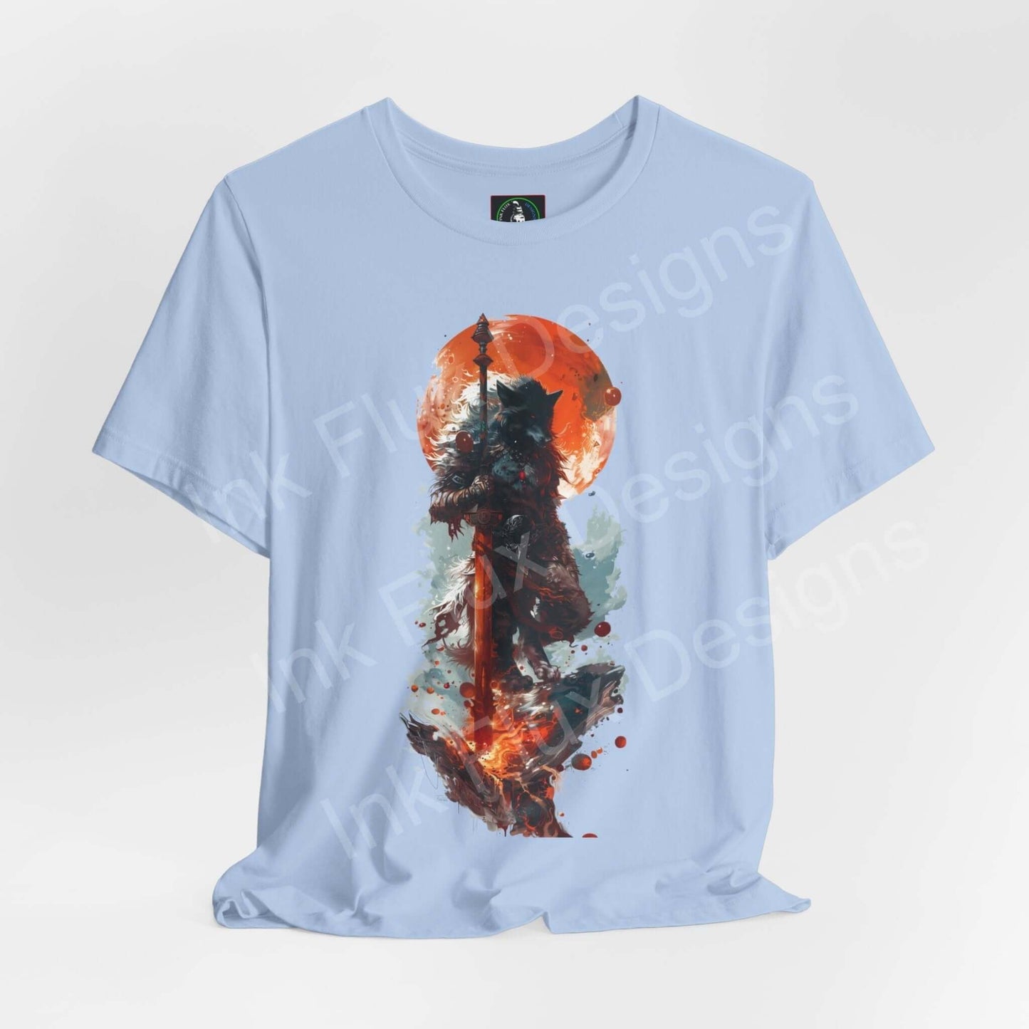 Light blue unisex T-shirt featuring a graphic of a wolf with a vibrant orange moon, ethically made, embodies spirit animals theme.