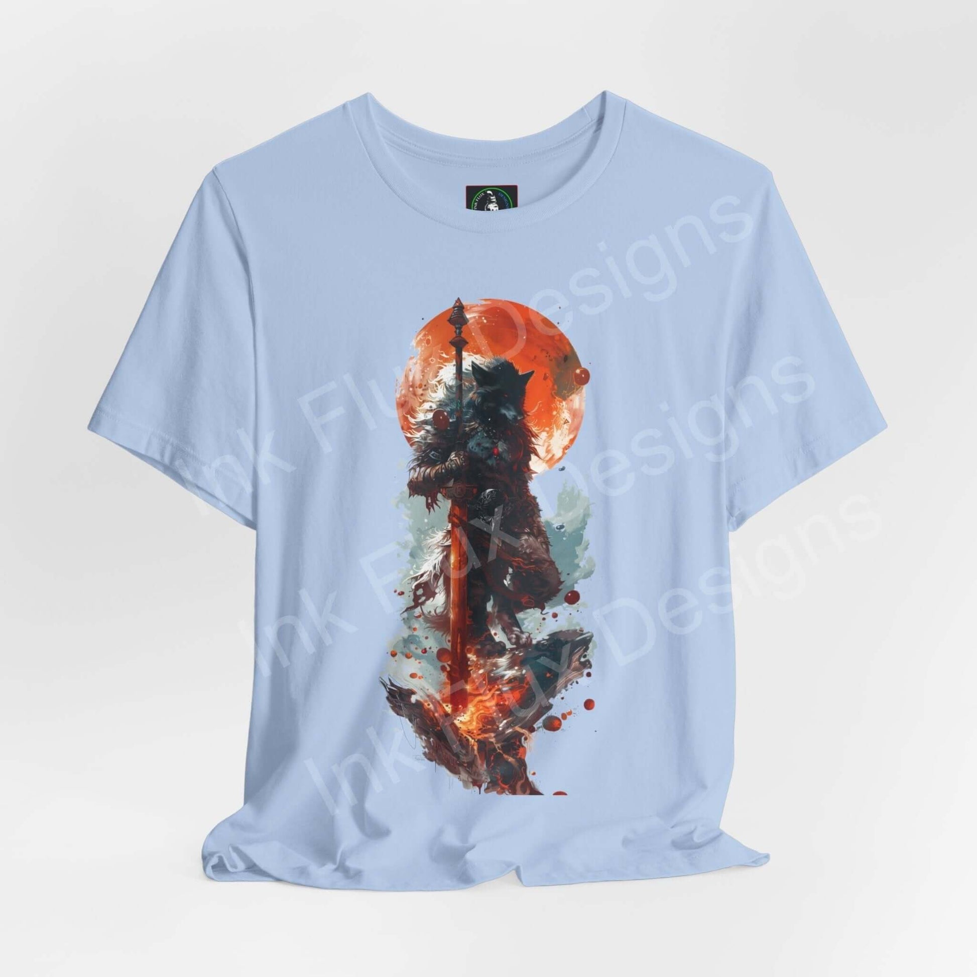Light blue unisex T-shirt featuring a graphic of a wolf with a vibrant orange moon, ethically made, embodies spirit animals theme.