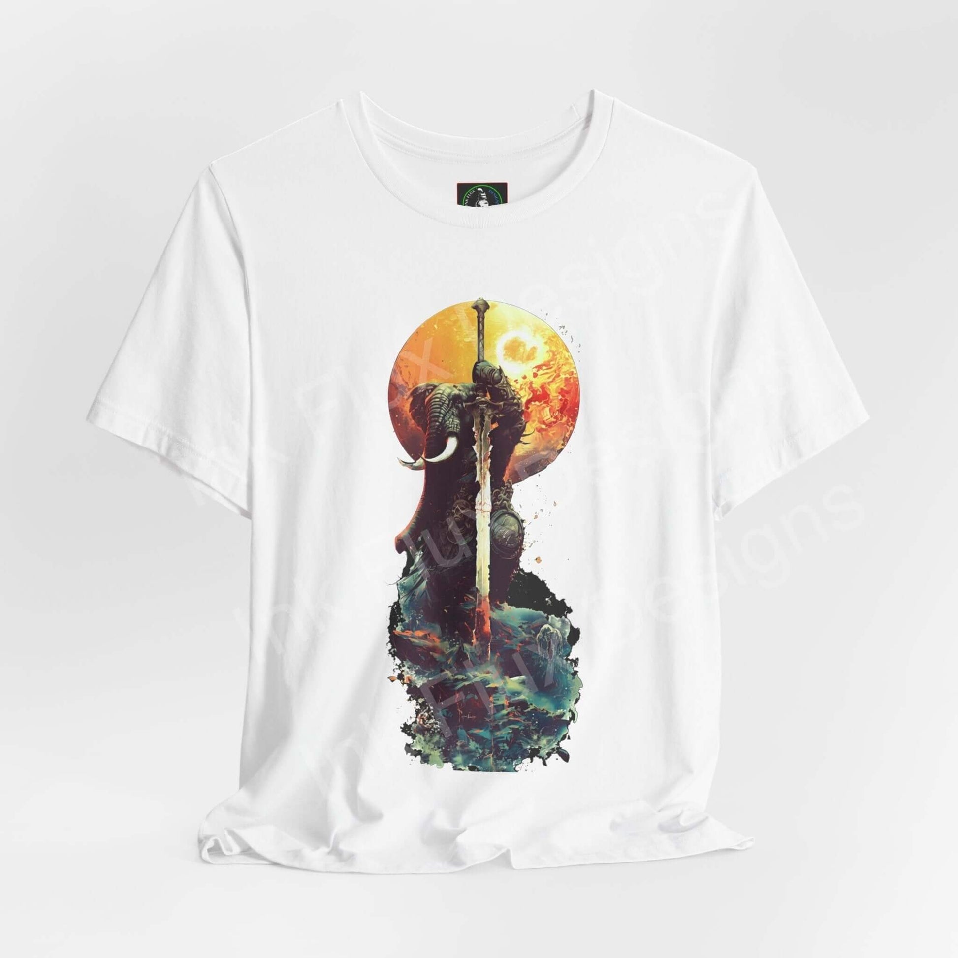 Graphic Tee featuring a battle-worn elephant warrior design, with vibrant colors on high-quality Airlume cotton, perfect for spirit animal enthusiasts.