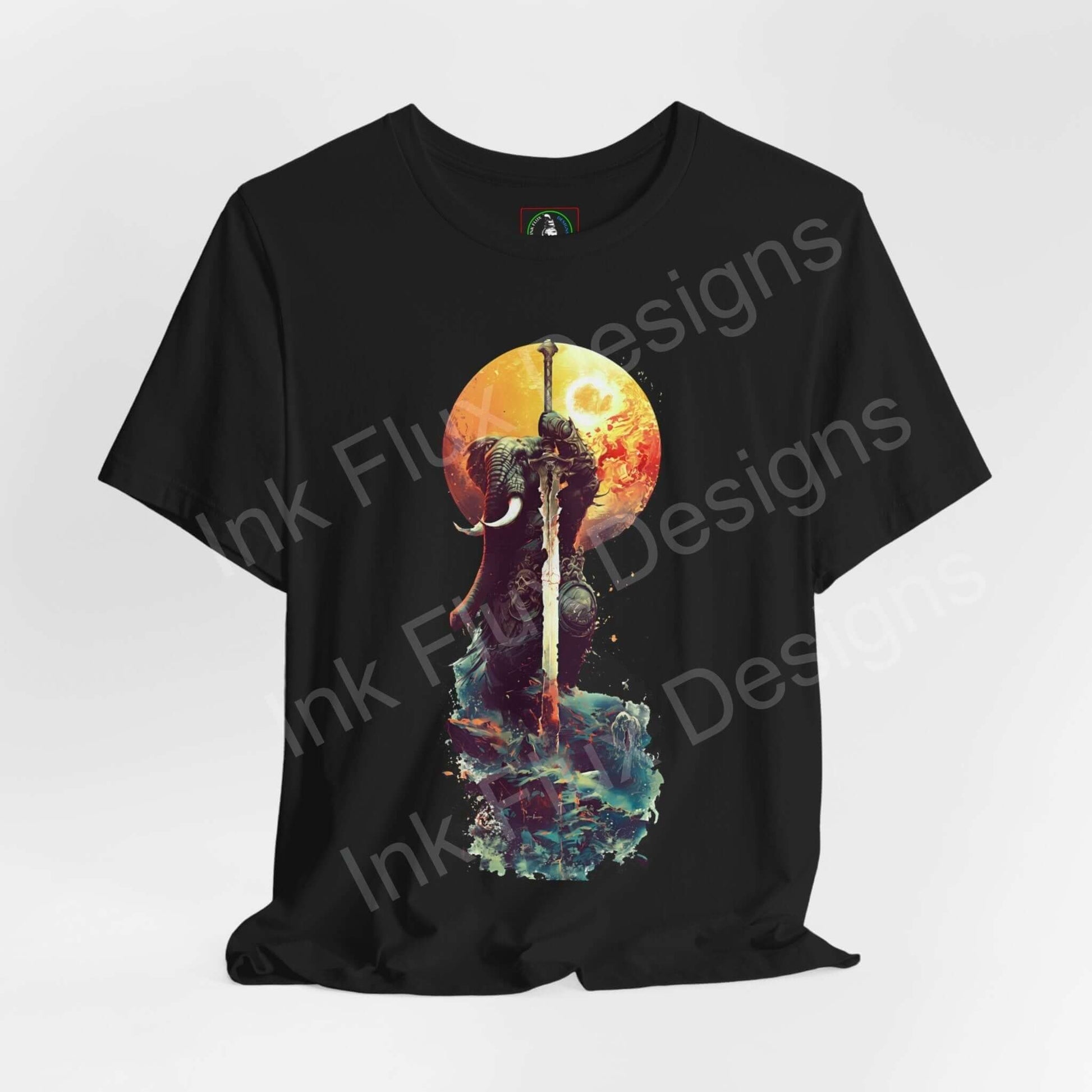 Black T-shirt featuring a graphic of a battle-worn elephant warrior in vibrant colors, ideal for spirit animal fans and graphic tee enthusiasts.