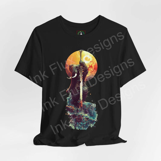 Black T-shirt featuring a graphic of a battle-worn elephant warrior in vibrant colors, ideal for spirit animal fans and graphic tee enthusiasts.